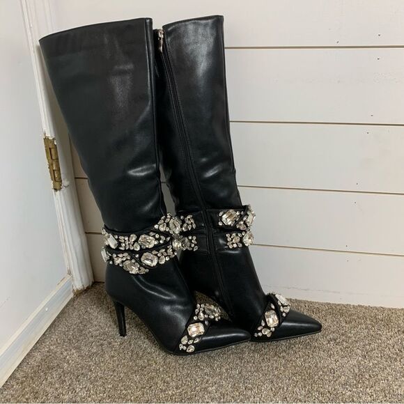 Azalea Wang Alonza knee high stiletto boot rhinestone size 7.5 bikercore - Picture 1 of 10